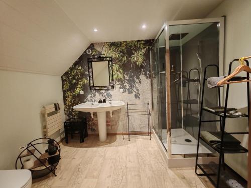a bathroom with a sink and a shower at Sans Chichi Chambres Et Table in Escandolières