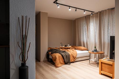 a bedroom with a bed and a table and a television at Mountain View Apartment, Free Parking, Hiking Nearby in Ålesund