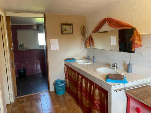 a bathroom with two sinks and a shower at gîte 19 personnes in Rogues