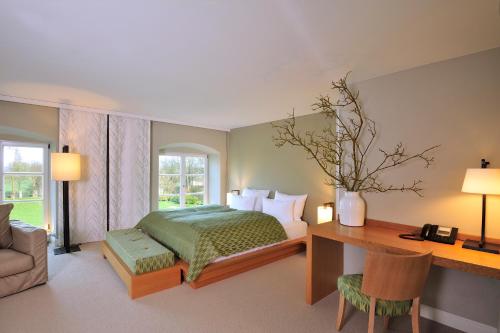 a bedroom with a bed and a desk with a desk at Schlossgut Gross Schwansee in Groß Schwansee