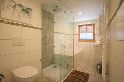 a bathroom with a shower and a toilet at Ferienwohnung Am Mühlbach 1 in Halblech