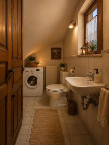 a bathroom with a toilet and a sink and a washing machine at Deja Blue in Mouresi