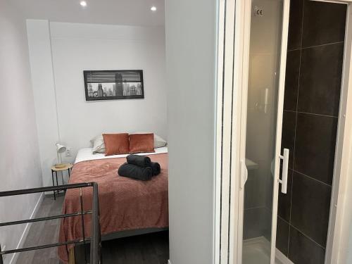 a small bedroom with a bed and a shower at Splendide duplex en plein coeur de Vernon in Vernon