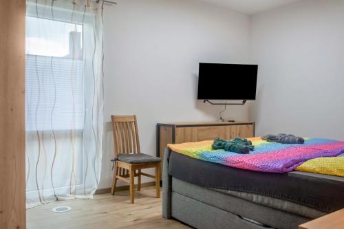 a bedroom with a bed and a tv and a chair at Fewo im Fränkischen Seenland in Abenberg