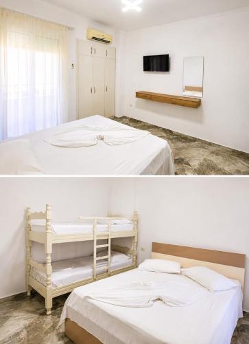 two pictures of a bedroom with two beds at Vila Tirona in Durrës