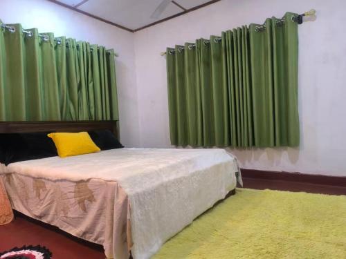 a bedroom with green curtains and a bed with a yellow pillow at Miracle holiday homestay in Demodera