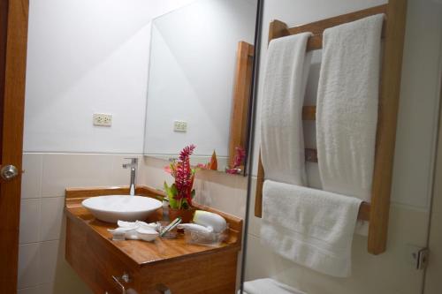 a bathroom with a sink and a mirror at Hotel Jungle House in Iquitos