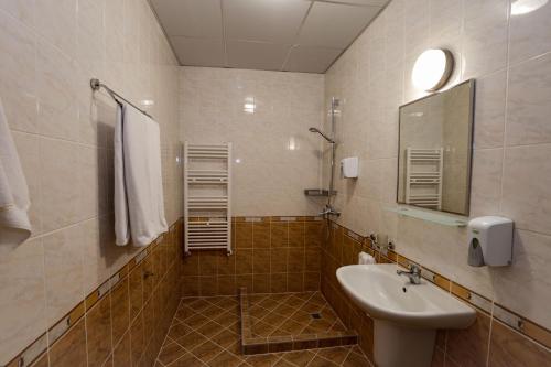 a bathroom with a sink and a toilet and a mirror at Philippopolis Hotel in Plovdiv
