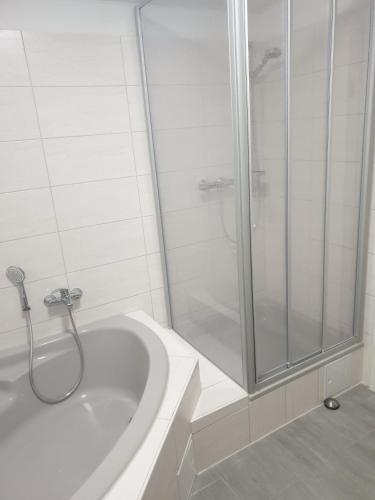 a white bathroom with a shower and a tub at Sauberghaus Wohnung 2 in Breitenbrunn