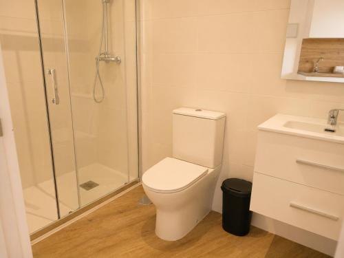 a bathroom with a shower and a toilet and a sink at Aparthotel Fuenlabrada Central in Fuenlabrada