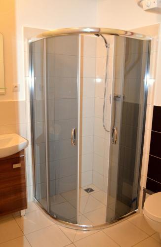a shower with a glass door in a bathroom at Domki Vesper Międzywodzie in Międzywodzie