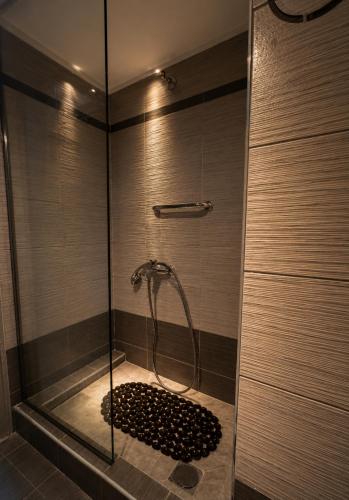 a bathroom with a shower with a glass door at Διαμέρισμα 4 dimos in Alexandroupoli