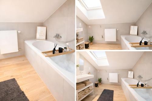 two pictures of a bathroom with a bath tub and a window at Ferienwohnung MeDa in Bad Wörishofen