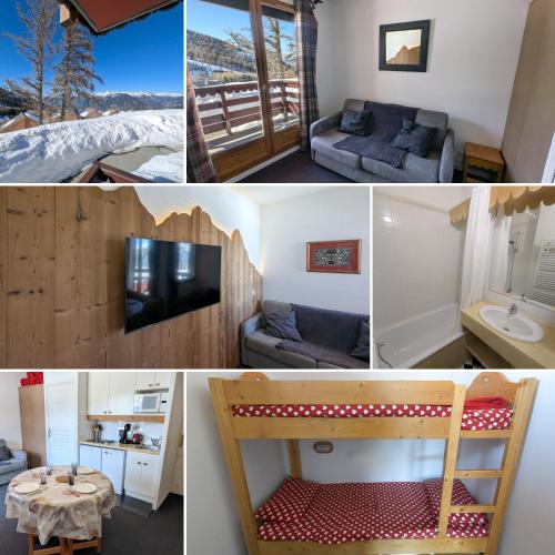 a collage of four pictures of a living room at Le Nid Rouge Risoul Balcony & View Ski 100 m in Risoul
