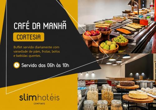 a collage of two pictures of a buffet with food at Slim Hotel Campinas in Campinas
