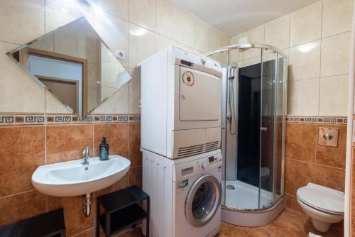 a bathroom with a washing machine and a sink at Gellerico Apartments Wesselényi Street in Budapest