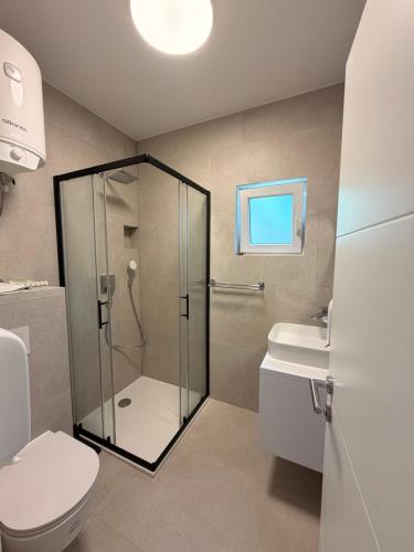 a bathroom with a shower and a toilet and a sink at Apartmani Tepli Bok in Primošten