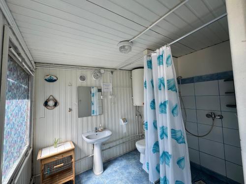 a bathroom with a sink and a toilet and a shower at Dębowy zakątek camping in Pobierowo