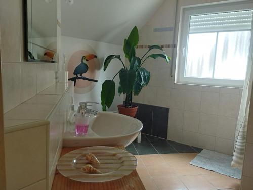 a bathroom with a sink and a potted plant at Ferienwohnung Tukan in Walsrode