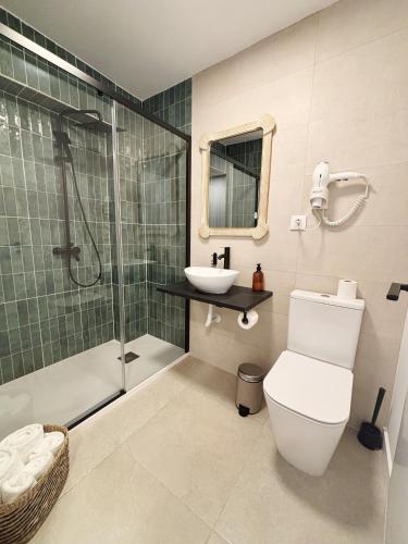 a bathroom with a toilet and a sink and a shower at La SIGRINA Tuy in Tui