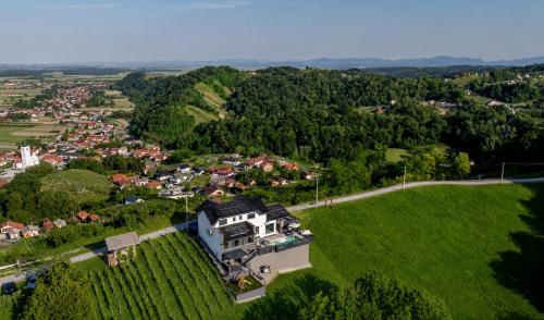an aerial view of a house on a green field at Northern Croatia Accessible Luxury Villa in Cestica