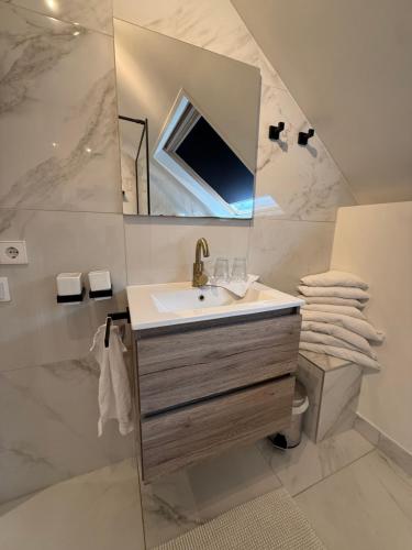 a bathroom with a sink and a mirror at Frissestein in Deil
