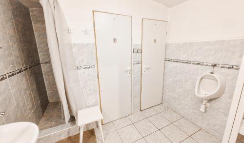 a bathroom with a urinal and a shower and a toilet at Chalupa Šumburk in Svárov
