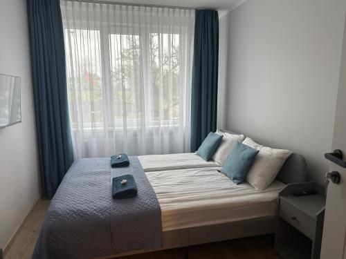 a bedroom with a bed with a large window at NB Apartamentai in Palanga