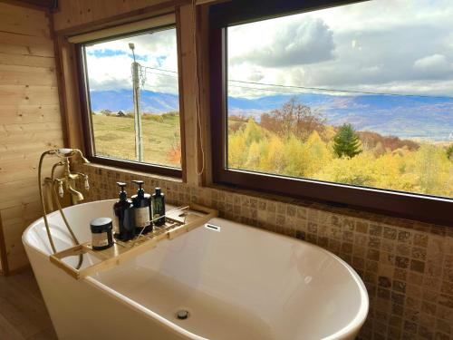 a bath tub in a bathroom with two windows at Cabana Mia Parang in Petroşani