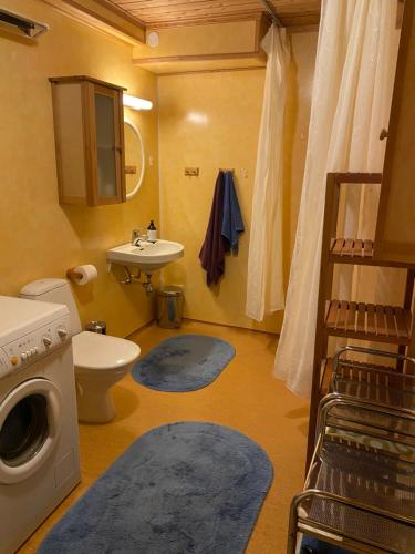 a bathroom with a toilet sink and a washing machine at Toppastranda 20 in Sør-Fron