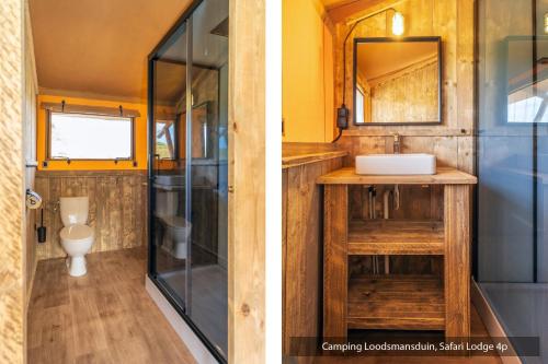 a bathroom with a toilet and a glass shower at Camping Loodsmansduin in Den Hoorn