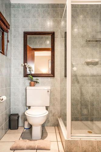a bathroom with a toilet and a shower at Avemore Island Apartment Sedgefield in Sedgefield