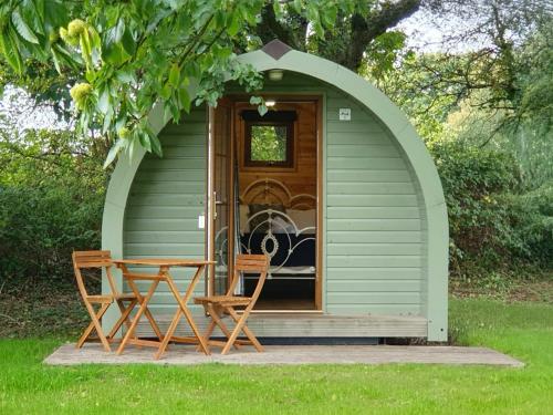 a shed with two chairs and a table in front of it at Chestnut Meadow Camping & Glamping in Sidley