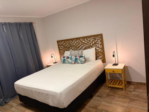 a bedroom with a large bed with two lamps on it at LOS LIRIOS in Puerto Iguazú
