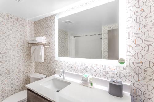 a bathroom with a sink and a mirror and a toilet at Holiday Inn Rockford I-90&Rt 20 State St by IHG in Rockford