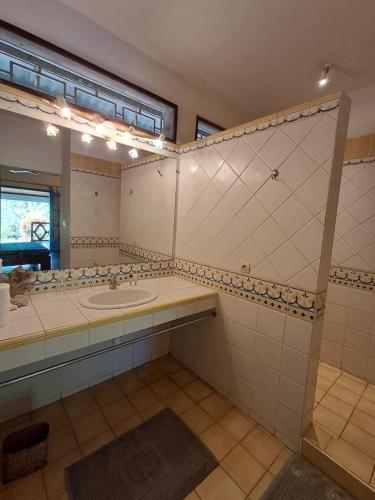 a bathroom with a sink and a large mirror at Villa Orita in Nosy Be
