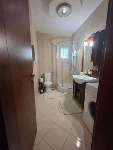 a bathroom with a shower and a toilet and a sink at Rafailovici Sea View in Rafailovici