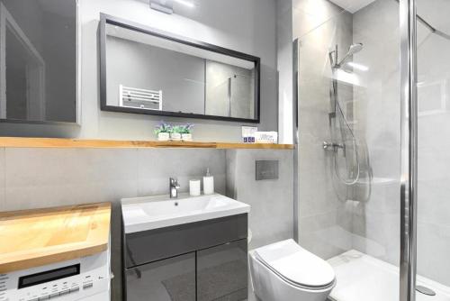a bathroom with a sink and a shower and a toilet at MARGI Igram - Martini - Absynth Apartments LARGE & COMFY in Szczecin