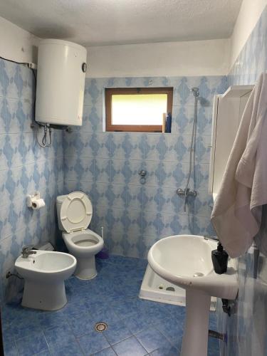 a blue tiled bathroom with a toilet and a sink at Blero Rooms Rent in Pogradec