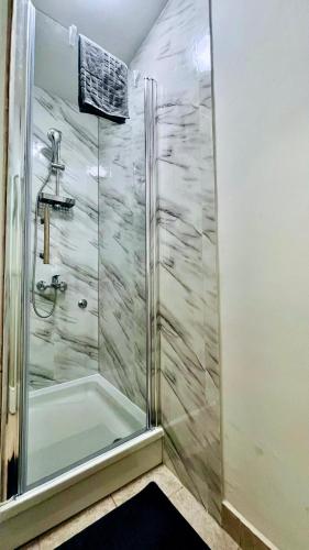 a shower with a glass door in a bathroom at Apartment Bellaria in Jadranovo