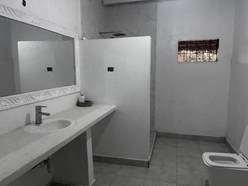 a bathroom with a sink and a mirror and a toilet at Malindi Mambrui Villa in Malindi