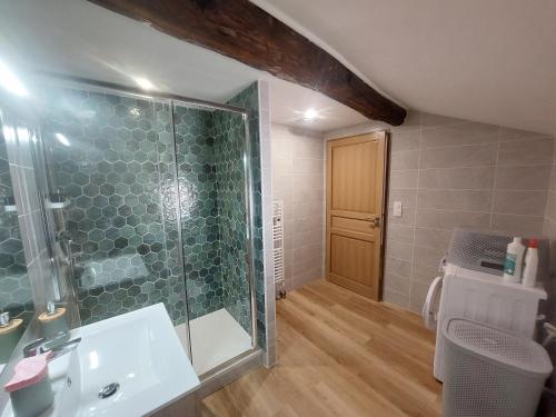 a bathroom with a glass shower and a sink at Au petit hameau - Votre gîte nature et paisible près du gouffre de Cabrespine in Cabrespine