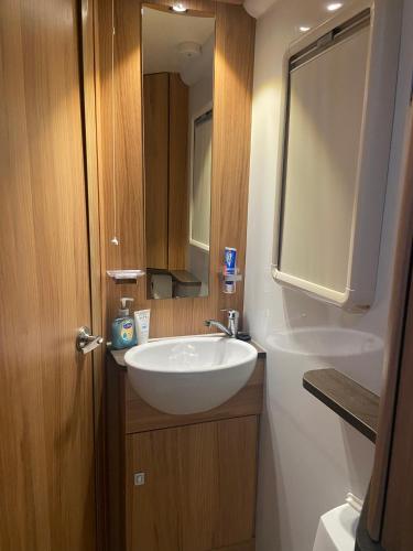 a bathroom with a white sink and a mirror at Cefn Farm - Hyssington Heights in Hyssington