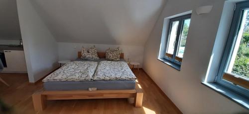 a bedroom with a bed and two windows at Ziegfried#Ziegenhof in Radebeul