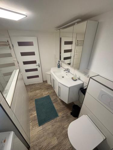 a bathroom with a white sink and a mirror at Small 45 M² Apartment in Bad Kreuznach