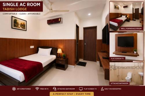 a hotel room with a bed and a tv at Tabish INN in Trivandrum