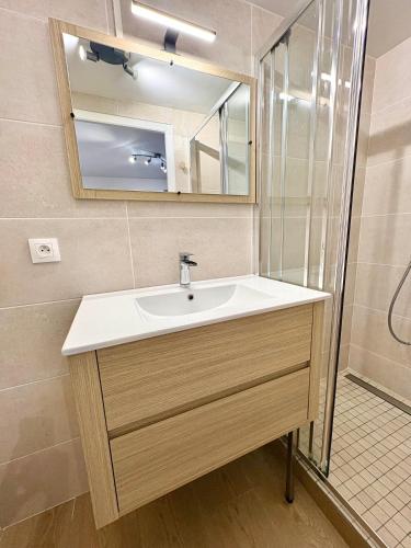 a bathroom with a sink and a shower at Studio avec Wi-Fi, à 5mn de la Centrale du Bugey in Loyettes