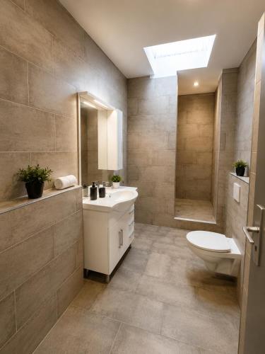 a bathroom with a toilet and a sink and a shower at Apartment Hotel in Nuremberg