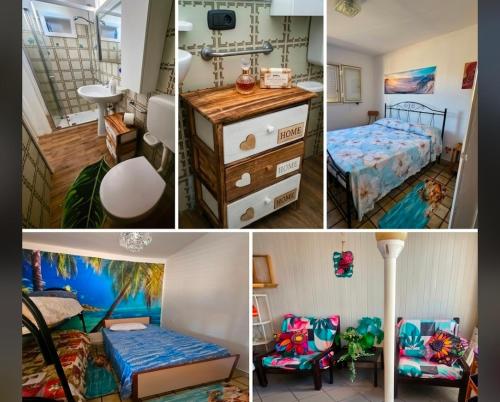 a collage of four pictures of a bedroom at Villetta maddalena in Lecce