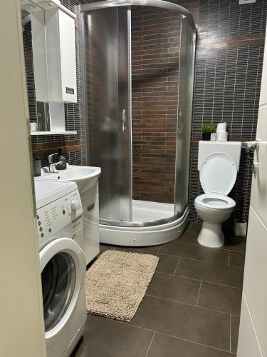 a bathroom with a washing machine and a toilet at Apartman Moskva in Teslić